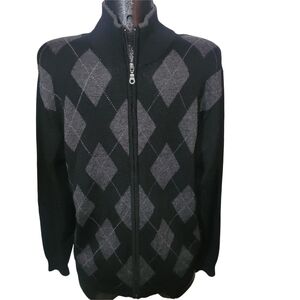 Alfred Sung Men's Black and Gray Argyle Zip-Up Wool Blend Sweater M